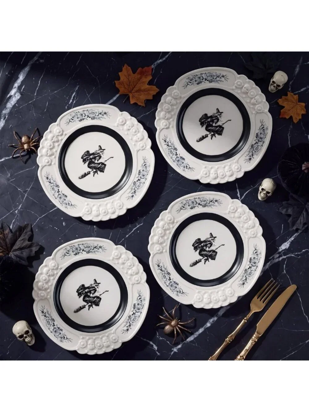 Vintage Halloween Witch Ceramic Plates Set of 4, 8.74 Inch Decorative Dish